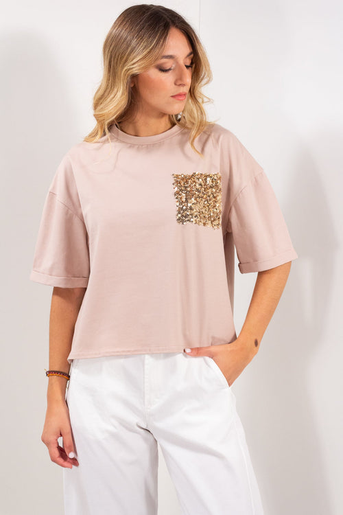 T-SHIRT COTONE TASCA PAILLETTES